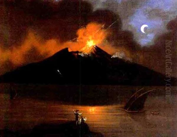 Blick Auf Den Vesuv Bei Mondschein Oil Painting by Josef Karl Berthold Puettner