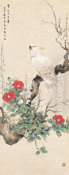 Camellia And Parrot Oil Painting by Yan Bolong