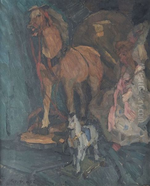 Toy Horses And Doll Oil Painting by Walther Puttner