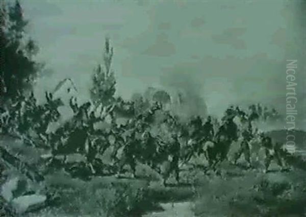 Kampfende Bayerische Dragoner Am Flussufer Oil Painting by Ludwig Putz