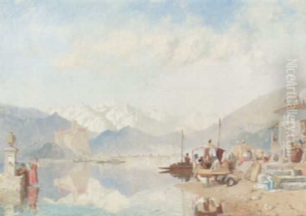 Recollections Of The Lago Maggiore - Market Day At Pallanza Oil Painting by James Baker Pyne