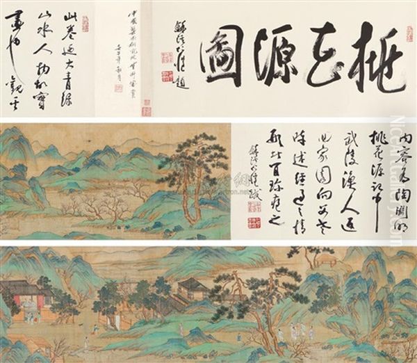 Landscape And Character Calligraphy Oil Painting by Qiu Ying