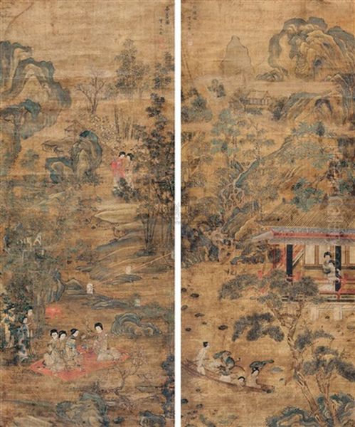 Gathering In Spring (+ Another; Pair) Oil Painting by  Qiu Ying