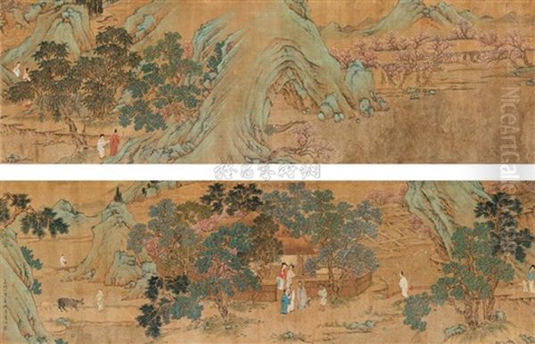 Landscape And Character, Calligraphy Oil Painting by  Qiu Ying