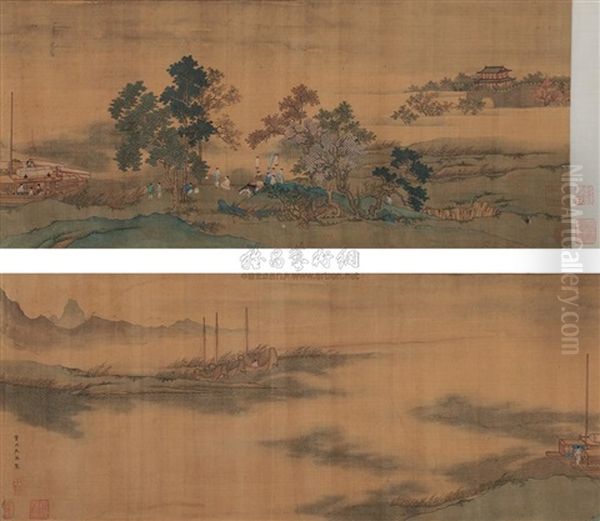 Landscape And Calligraphy Oil Painting by Qiu Ying