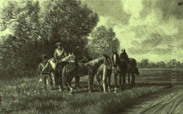Zwei Soldaten Mit Pferden Am Waldesrand Oil Painting by Franz Quaglio