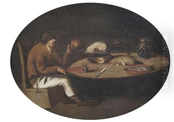 Dunkles Interieur Mit Einem Bauern Auf Einem Kistenstuhl Bei Einer Mahlzeit Oil Painting by Pieter Jansz Quast