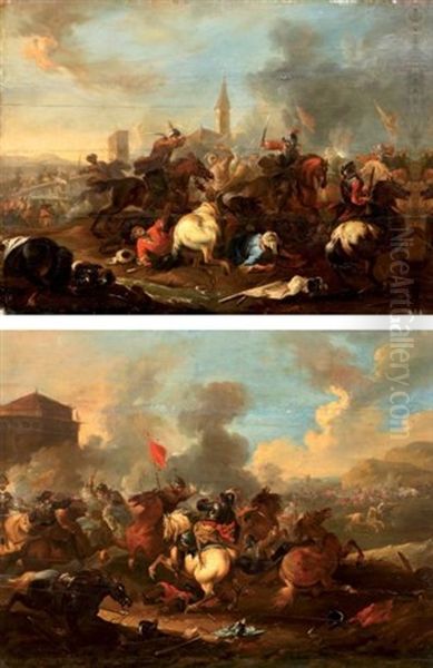 Combats De Cavaliers (pair) Oil Painting by August Querfurt