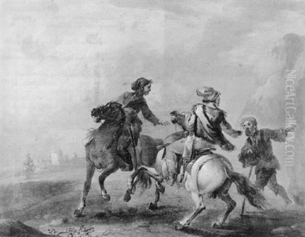A Beggar Approaching Two Riders Oil Painting by August Querfurt
