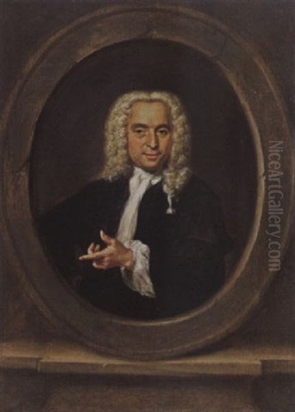 A Portrait Of A Gentleman, Wearing A Black Coat, A White Chemise And A Wig, In A Stone Cartouche Oil Painting by Jan Maurits Quickhard