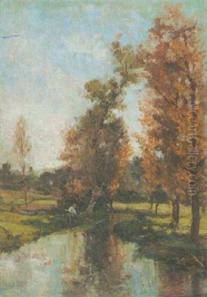 Fluslauf Mit Angler In Der Herbstsonne Oil Painting by Joseph Quinaux