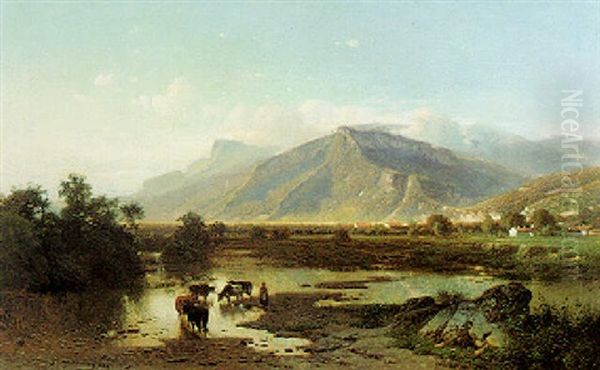 An Extensive Landscape With Cattle Watering Oil Painting by Joseph Quinaux