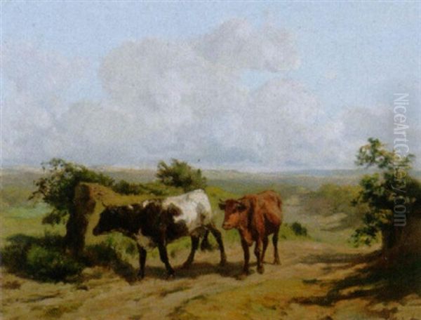 Zwei Kuhe Auf Einem Weg Oil Painting by Clement (Charles-Henri) Quinton