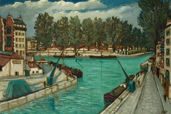 Le Canal Saint Martin Oil Painting by Alphonse Leon Quizet