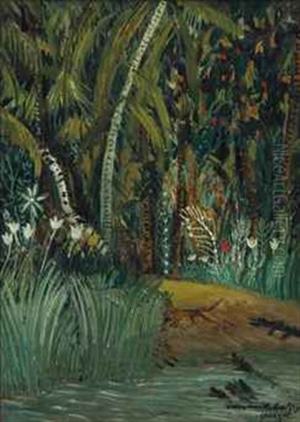 Tigre Et Crocodile Oil Painting by Alphonse Leon Quizet