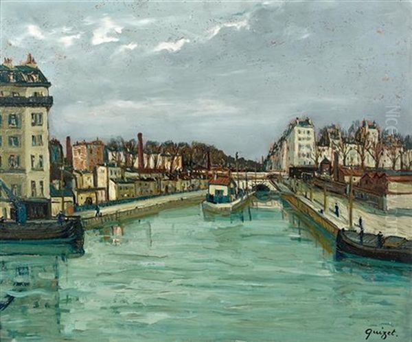 Canal A Paris Oil Painting by Alphonse Leon Quizet