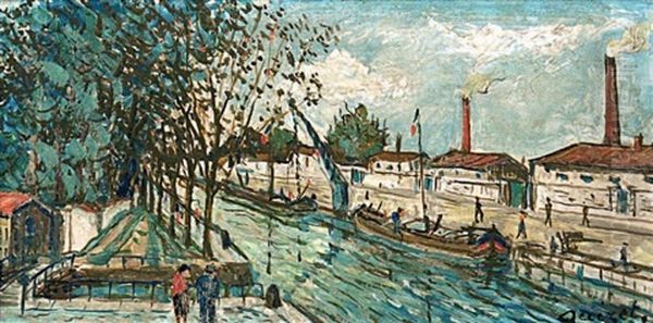 Les Peniches Sur Le Canal Oil Painting by Alphonse Leon Quizet