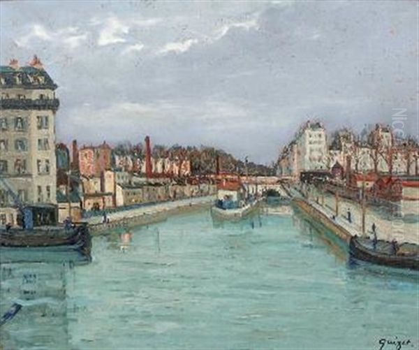 Un Canal A Paris Oil Painting by Alphonse Leon Quizet