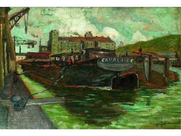 Peniche Amarree. La Seine A L'ile Seguin Oil Painting by Alphonse Leon Quizet