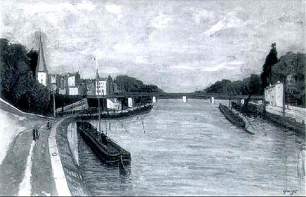 Peniches Amarrees Oil Painting by Alphonse Leon Quizet