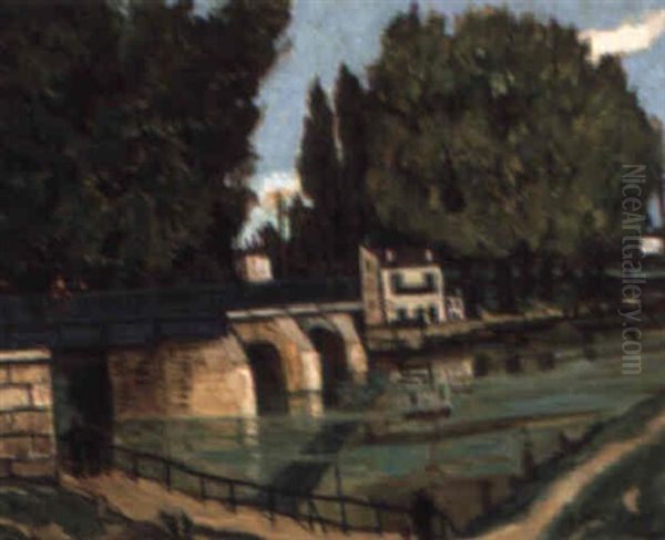 Le Pont Au Bord De L'eau Oil Painting by Alphonse Leon Quizet