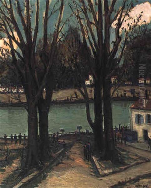 Personnages Au Bord De La Seine Oil Painting by Alphonse Leon Quizet