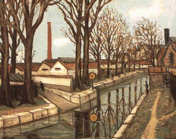 Le Canal Saint Martin Oil Painting by Alphonse Leon Quizet