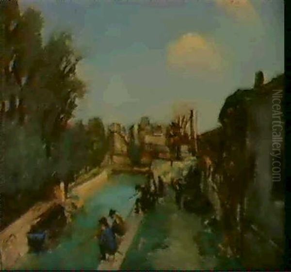 Pecheurs Au Canal De L'ourcq Oil Painting by Alphonse Leon Quizet