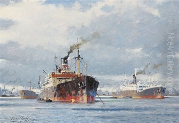 Anchoring Ships In A Harbour Oil Painting by Victor Qvistorff