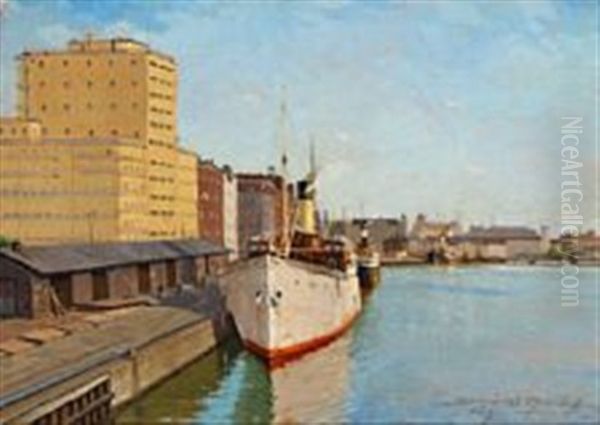 A View From Malmo Harbour Oil Painting by Victor Qvistorff