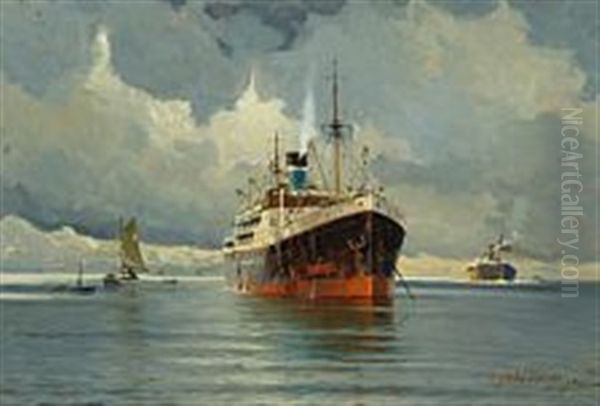 A Steamer At Anchor Oil Painting by Victor Qvistorff