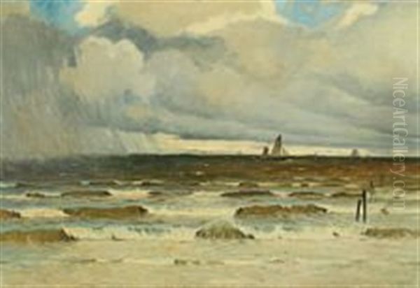 Coastal Scenery With Ships At Sea In Showers Oil Painting by Victor Qvistorff
