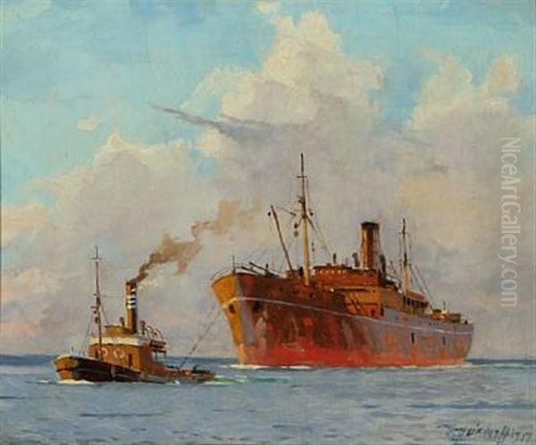 Tugboat And Motorship Oil Painting by Victor Qvistorff