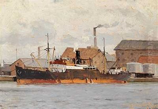 Marine Med Dampskib (+ 2 Others, Similar; 3 Works, Various Dates) Oil Painting by Victor Qvistorff