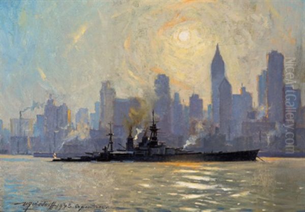 Der Englische Kreuzer "hood" Vor Der Skyline Von New York Oil Painting by Victor Qvistorff