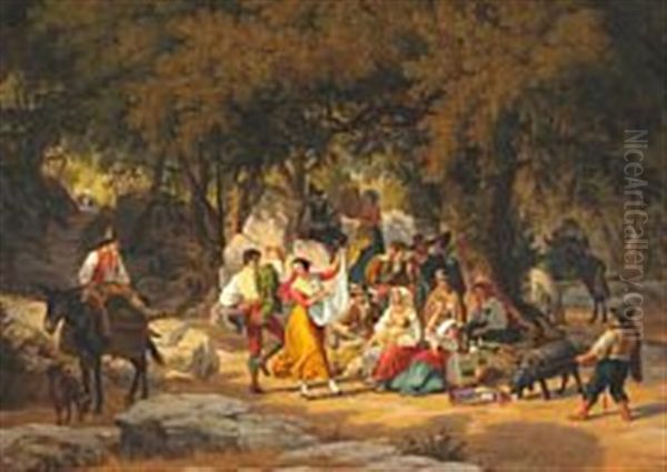 Italian Villagers On A Picnic In The Forest Oil Painting by Peter (Johann P.) Raadsig