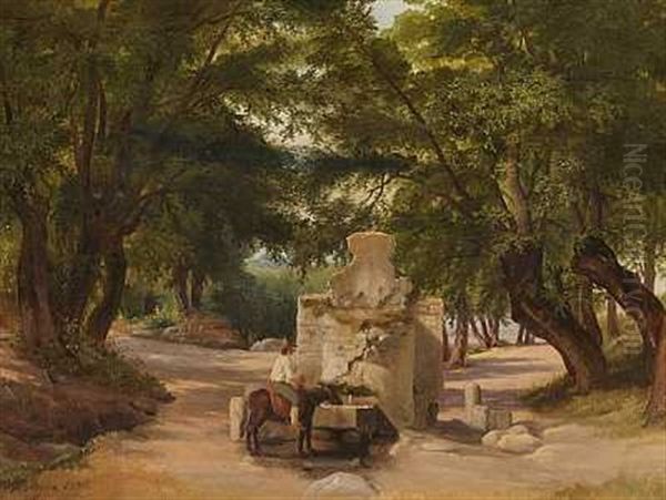 Parti Fra Italien, Et Aesel Vandes I En Fontaene Oil Painting by Peter (Johann P.) Raadsig