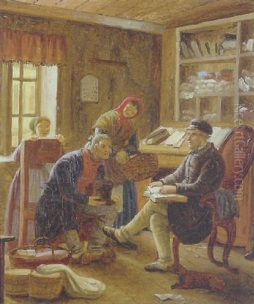 Interior Med Fire Personer I Samtale Oil Painting by Peter (Johann P.) Raadsig
