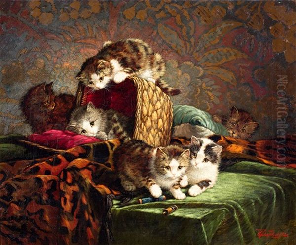 Zes Spelende Katjes Oil Painting by Cornelis Raaphorst