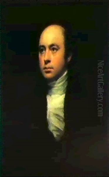 Portrait Of Sir Francis Chantrey, Bust Length In A          Dark Jacket And White Cravat Oil Painting by Sir Henry Raeburn