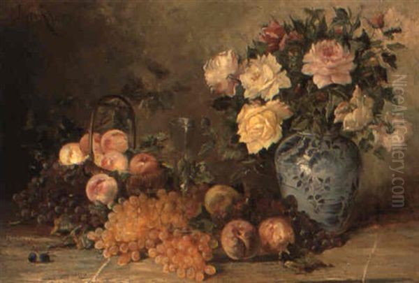 Still Life With Flowers In A Vase And Fruit Oil Painting by Jules Felix Ragot