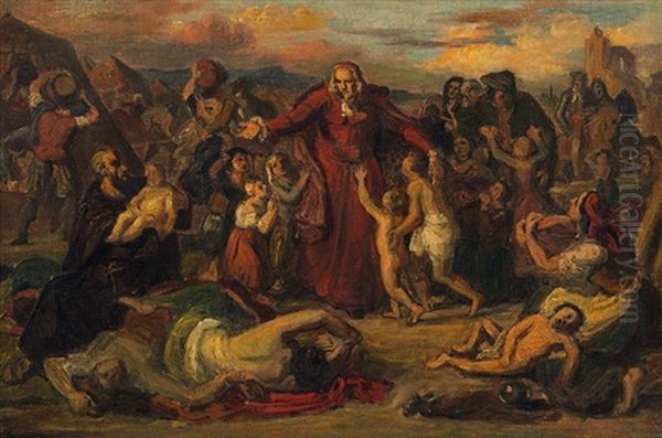 Graf Kolonitz, Bishop Of Neustadt, Leading The Children Of The Murdered Christian Prisoners Out Of The Camp Into The City After The Turkish Siege Of Vienna In 1683 Oil Painting by Carl Rahl
