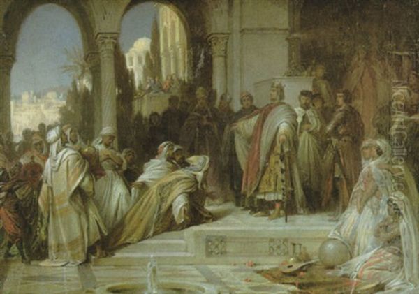 Am Hof Kaiser Friedrichs Ii., Beim Empfang Einer Araber-gesandtschaft In Palermo Oil Painting by Arthur Georges (Baron von) Ramberg