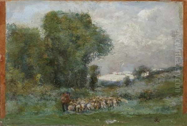 Troupeau De Moutons Dans Les Dunes De Carteret Oil Painting by Jules Louis Rame