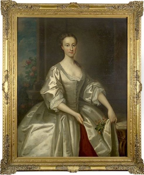 Portrait De Lady Catherine Compton (1713 - 1784), Comtesse D'egmont, De Trois-quarts, Portant Une Robe De Soie Argentee Et Tenant Dans Sa Main Un Bouquet De Roses Oil Painting by Allan Ramsay