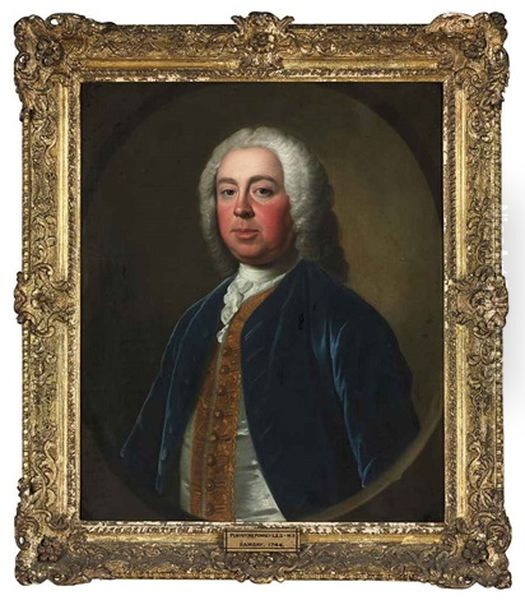 Portrait Of Penistone Powney, M.p. Of Ives Place, Middlesex In A Blue Velvet Coat, With A Gold-embroidered Waistcoat And A White Stock Oil Painting by Allan Ramsay