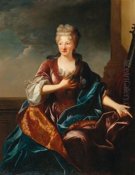 A Portrait Of An Elegant Lady In A Red Dress And Blue Cloak Oil Painting by Jean Ranc