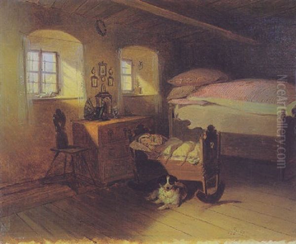 Bauernstube Mit Schlafendem Wiegenkind Oil Painting by Johann Matthias Ranftl