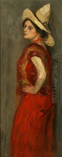 Woman In Red Vest & Large Hat Oil Painting by Joseph Raphael