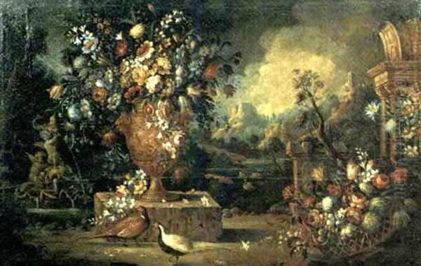 Fiori In Un Vaso, Fiori In Una Cesta E Due Fagiani In Un Giardino Oil Painting by Vittorio Amedeo Rapous